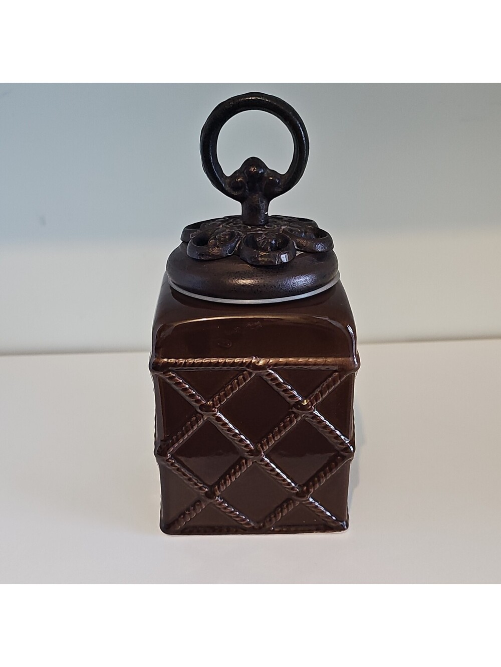 Vintage Tuscan Brown Ceramic Canister Jar Ornate Cast Metal Lid Ring Farmhouse